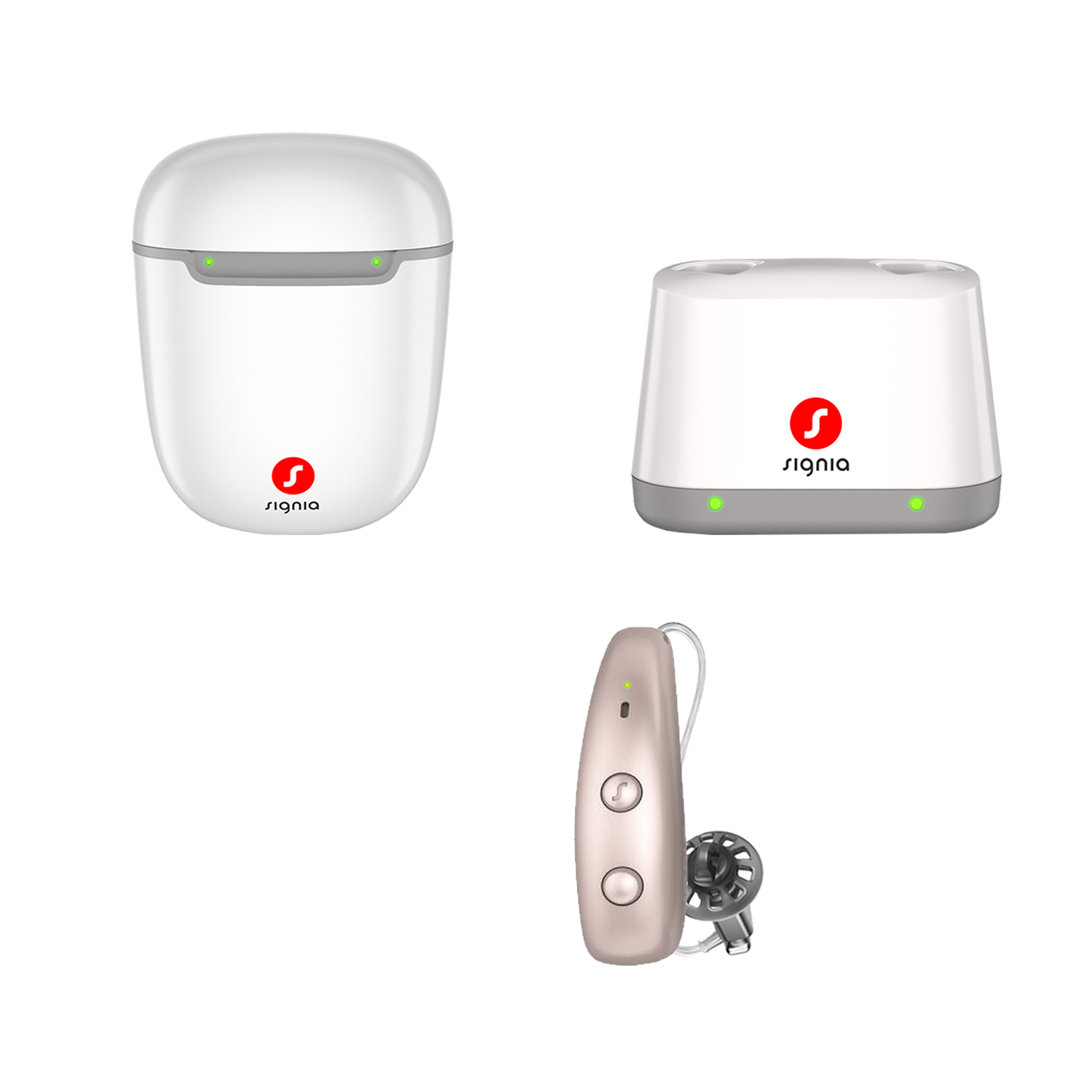 signia-pure-max-right-double_charger-rose_gold Signia Pure Charge&Go MaX 3 Quad-Processor AI Hearing Aid (Single) with Desktop Charger and Portable Charging Case